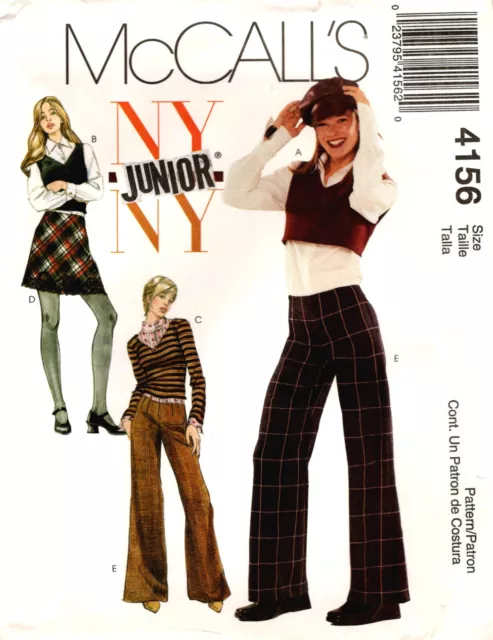 McCalls 4156 Juniors JR Tops Skirt Pants Sewing Pattern Uncut Size 11/12-17/18