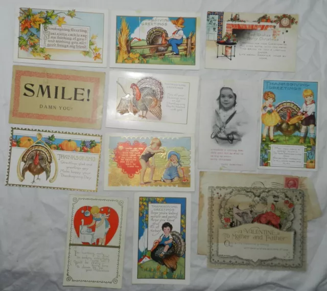 Lot of 11 Vintage Greeting Card Postcards, Thanksgiving, Valentines, Christmas