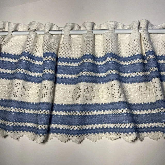 Vintage Crocheted Lace Curtain Valance 91” X 11.5” White Blue MCM