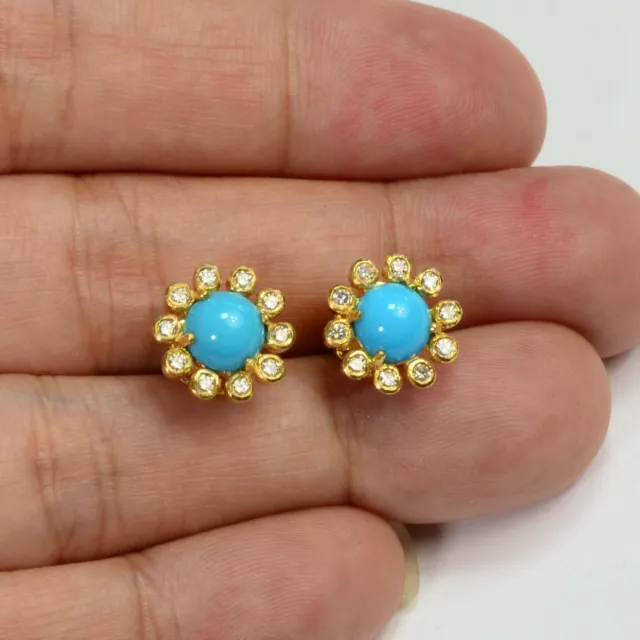 1.20Ct Turquoise & Diamond Halo Bezel Earrings In 14K Yellow Gold Over 925Silver