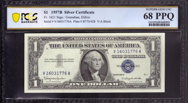 1957 B $1 Silver Certficate Note Fr.1621 Va Block Pcgs B Superb Gem Unc 68 Ppq