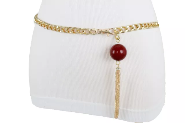 Mujer Oro Cadena Metal Enlaces Cinturón de Moda Borla Flecos Rojo Bola Dije XL