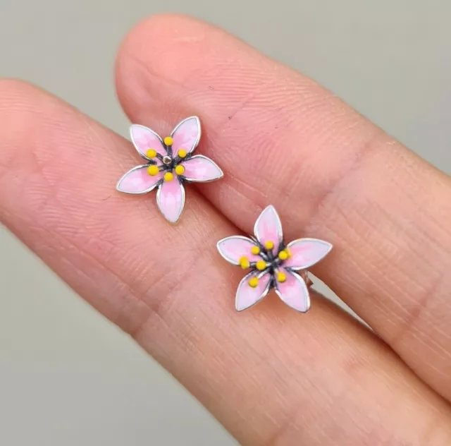 Sterling silver Sakura Japanese Cherry Blossom Pink Enamel Flower Stud Earrings