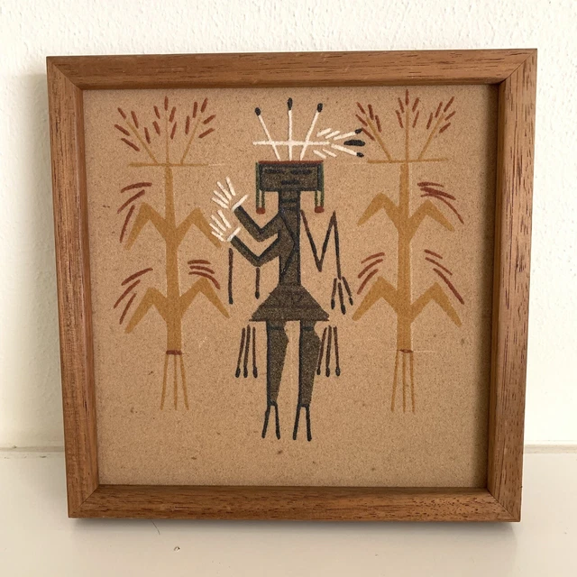 Vintage 70s Native American Navajo Sand Painting Harvest Time 8.75” Square