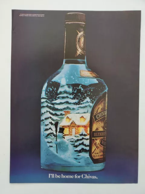 Chivas Regal Scotch Whisky Winter Scene Bottle Snow, Home 1981 Vintage Print Ad