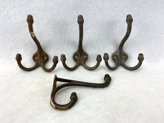 Vintage Acorn Tip Hat Coat Hooks Lot of 4 Triple & Double Salvage