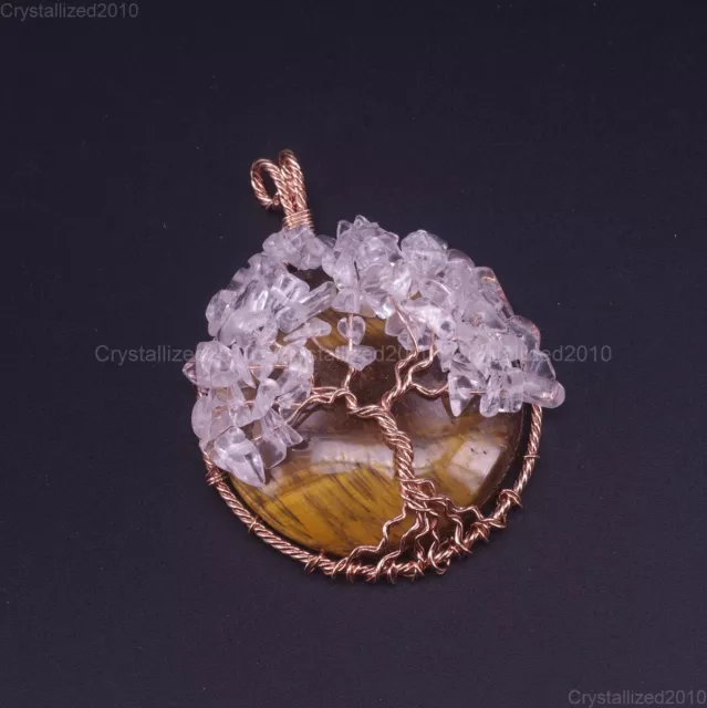 Natural Gemstones Tree Life Round Reiki Chakra Healing Pendant Beads Rose Gold