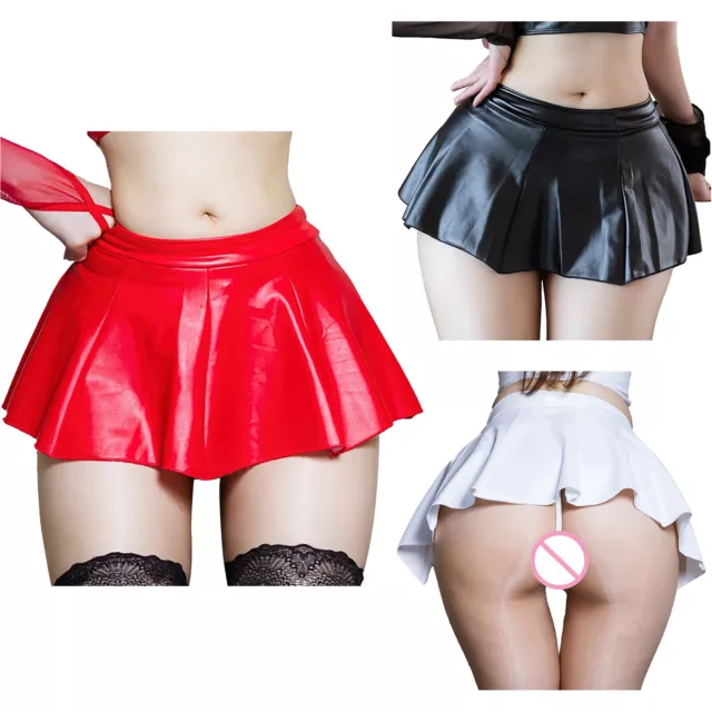 Women's Sexy Flare Pleated Leather Skater Skirts Wet Look Ruffle Hem Mini Skirt