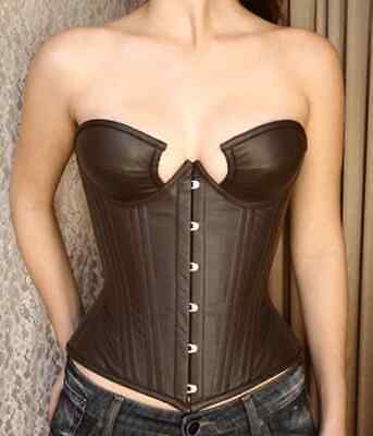 Genuine Leather Victorian Steel Boned Corset With Hook And Lacing Back For Club