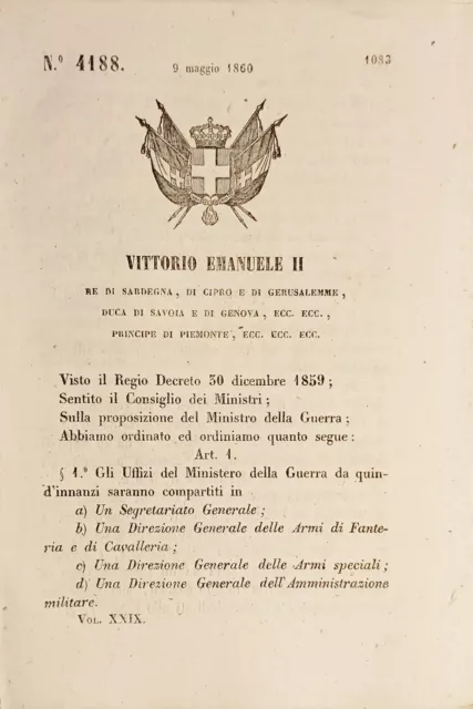 Decreto Regno Sardegna - Ripartizione Uffici e norme Ministero Guerra - 1860