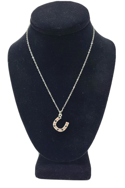 OSU Cowboys Rhinestones Horseshoe Pendant Necklace Silvertone Black & Orange...