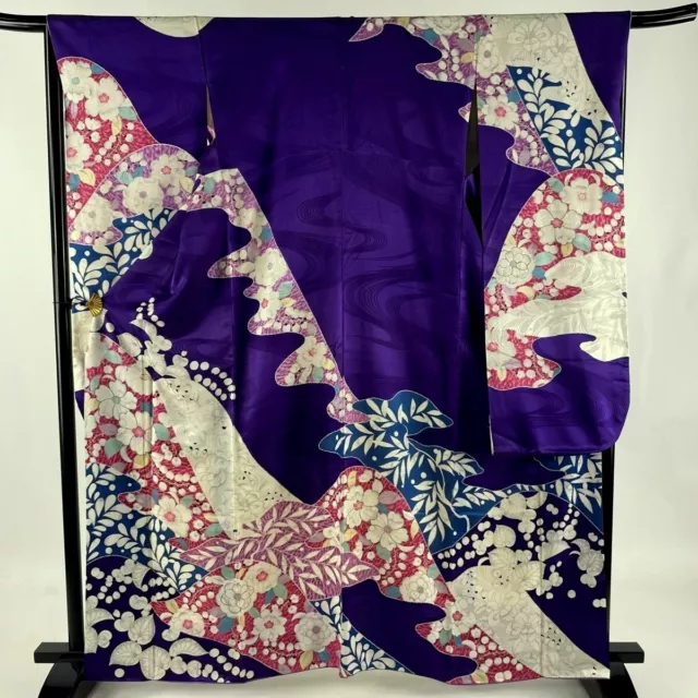 Japanese kimono SILK"FURISODE" long sleeves, Silver leaf, Plants, L5'4".3012
