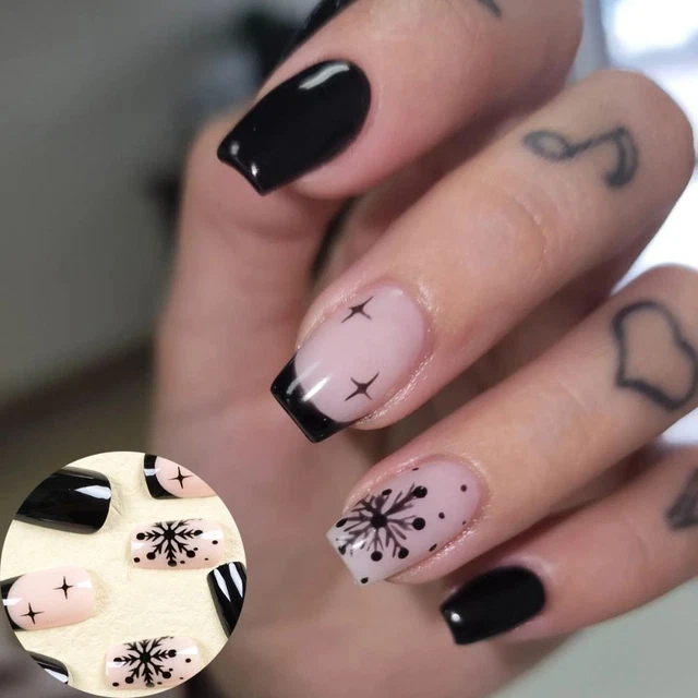 Full Cover Christmas French Fake Nails Square Head Nail Tips  Girl