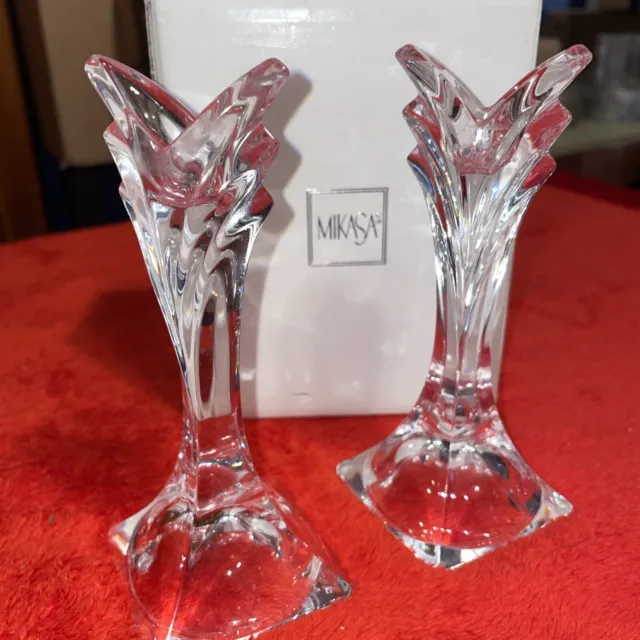 Pair of Mikasa Crystal Tulip Style Taper Candle Holders Brand New NRFB!