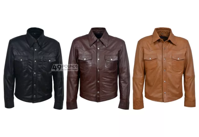 Men's Black Adjustable Collar Casual Retro Soft Real Leather Shirt Jacket M-114