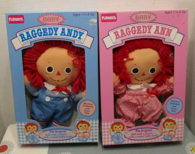 New 1989 Playschool Raggedy Ann & Andy Dolls Baby Plush - new in box