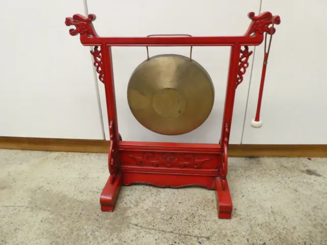 Chinese Brass Temple Dinner Gong Bell On Red Lacquer Carved Dragon Wooden Stand