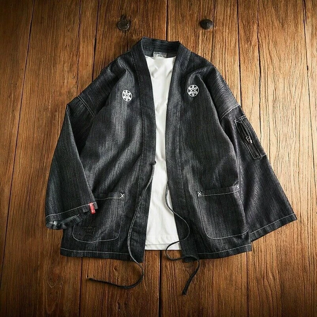 Men Embroidery Denim Japanese Kimono Jacket Loose Coat Cardigan Outerwear Haori