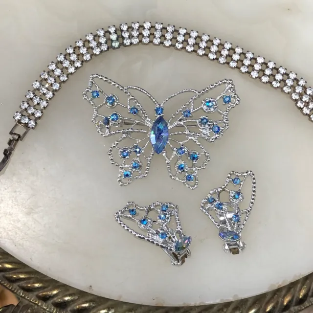 3Pc LOT) VTG 1950s BLUE AURORA Rhinestone BUTTERFLY Demi Parure & Bracelet