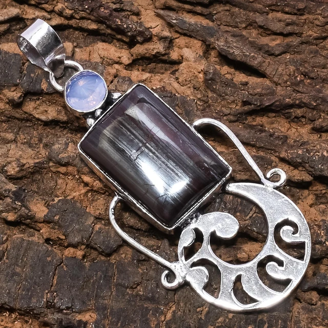 Iron Tiger Eye Gemstone 925 Sterling Silver Jewelry Pendant 2.87"