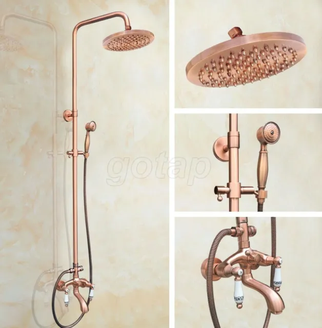 Red Copper Bathroom Wall-mount Shower Faucet Set with Handshower & Rain Head