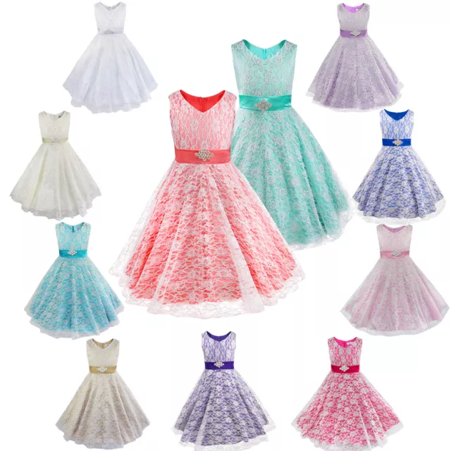 Children Girls Floral Lace Pageant Party Communion Ball Gowns Flower Girl Dress