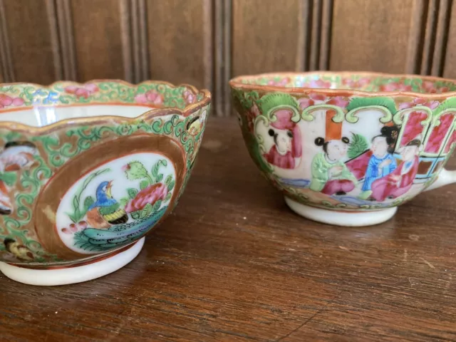 PAIR Chinese Porcelain Canton Tea Cups and Saucers