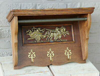 French vintage 1960 oak wood carved coat rack copper plaque horse carriage