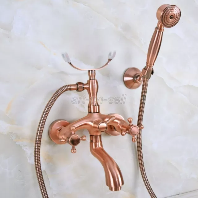 Antique Red Copper Wall Mount Bathroom Clawfoot Bath Tub Faucet w/ Hand Shower