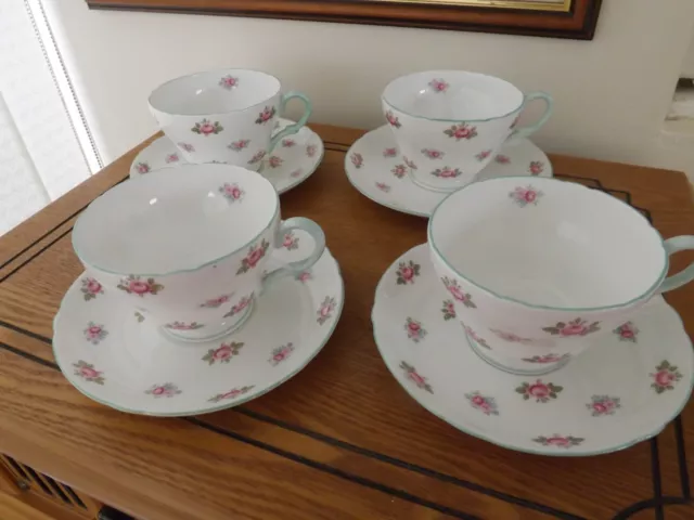 4 Charming Shelley Rosebud Pattern No. 13426 Cups And Saucers