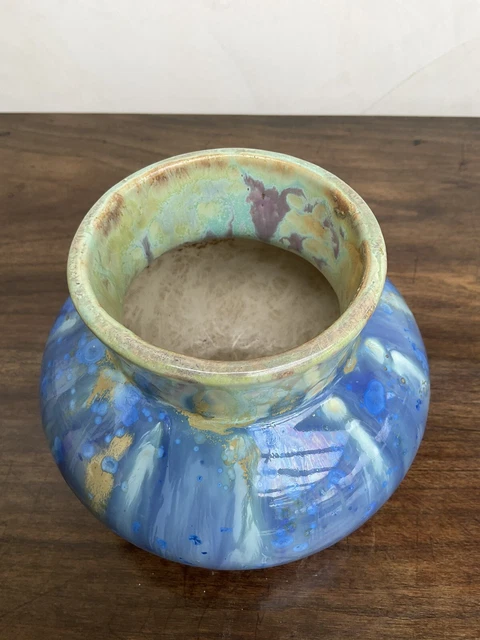 Ancien Petit Vase En Gres Bleu Signe Pierrefonds