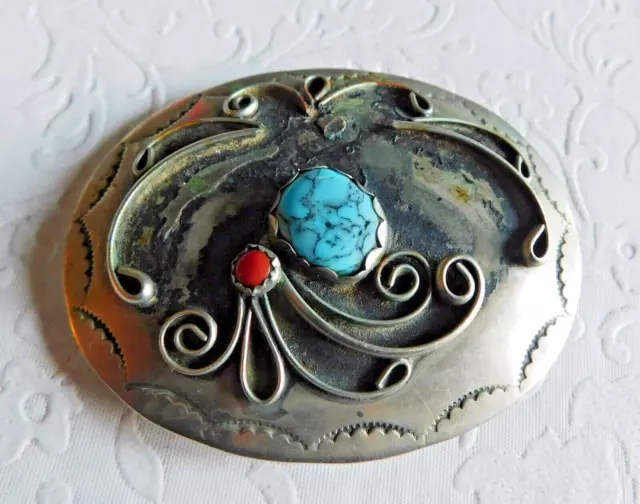 Vintage Navajo Silver Tone Turquoise & Coral Belt Buckle - 3"