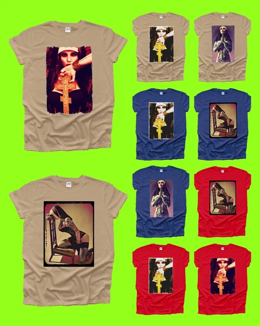 Sexy Tattooed Nun Model Mens T Shirt Boobs Woman Pin Up Emo Naked Cross Unisex