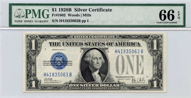 1928B $1 Silver Certificate Blue Seal  Fr# 1602 PMG Gem66 EPQ