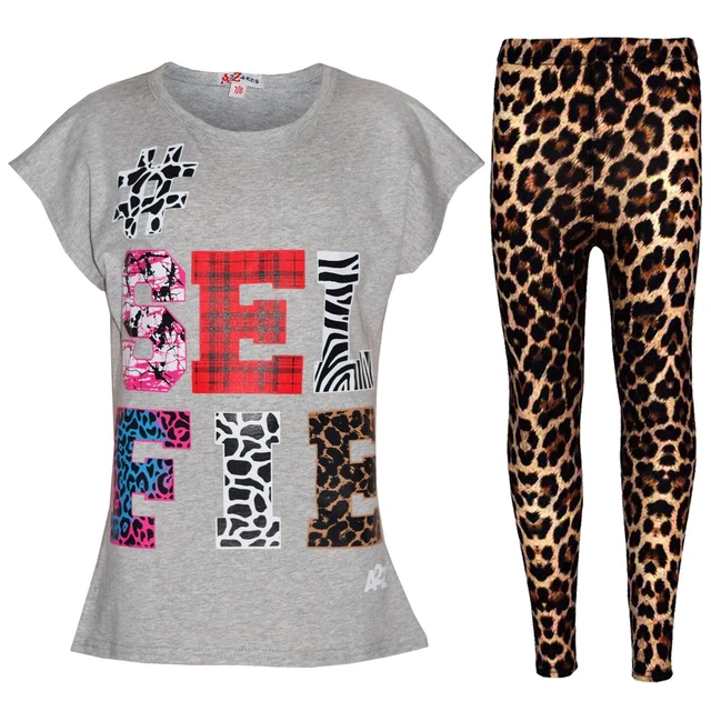 Kids Girls Tops Selfie Print Trendy Grey T Shirt Top & Fashion Legging Set 7-13Y
