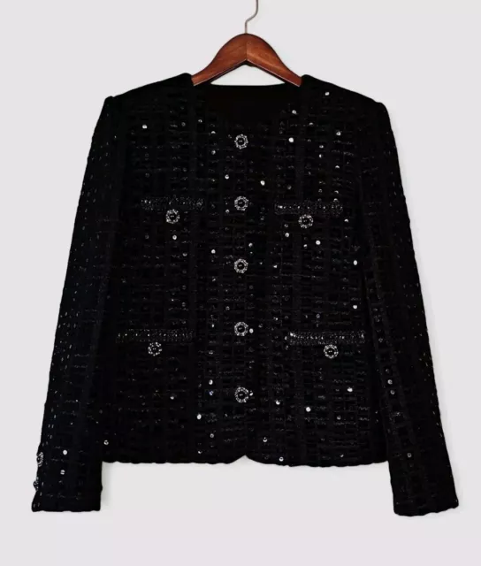 Handmade Tweed Boucle Black Jacket With Sparkle Sequin Size L(uk10-12)