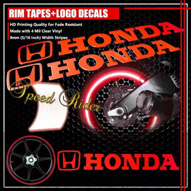 Red Reflective Rim Tape Car Bike Wheel Stripe+Honda Logo+Letter Decal 16 17 18
