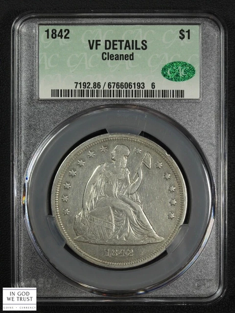 1842 No Motto Seated Liberty Silver Dollar $1 CACG VF Details CAC - Cleaned