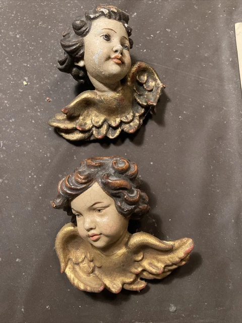 Pair Vintage Hand Carved Wood Cherub Angel Heads Wall Ornament Wooden 3/3
