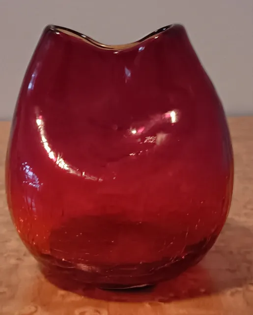 Handblown Blanko Art Glass Crackled Pinched Small Vase.
