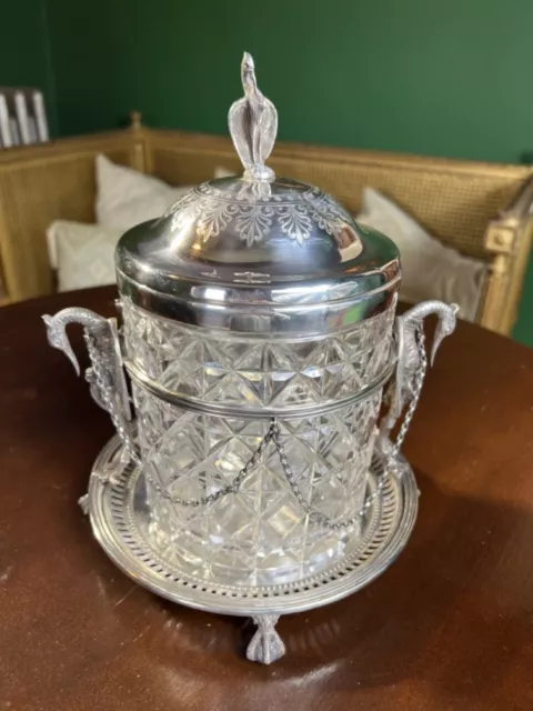 Downton Abbey Sterling Silver English 19th Century Crystal Biscuit Barrel Jar