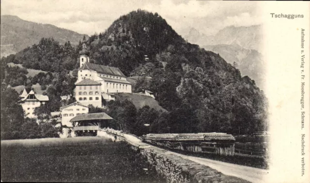 AK~1900 -TSCHAGGUNS- Blick vom Weg zur Holzbrücke + Kirche