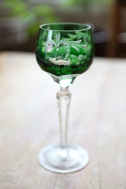 Vintage Emerald Green Cut Glass Bohemian Grapes Wine Glass