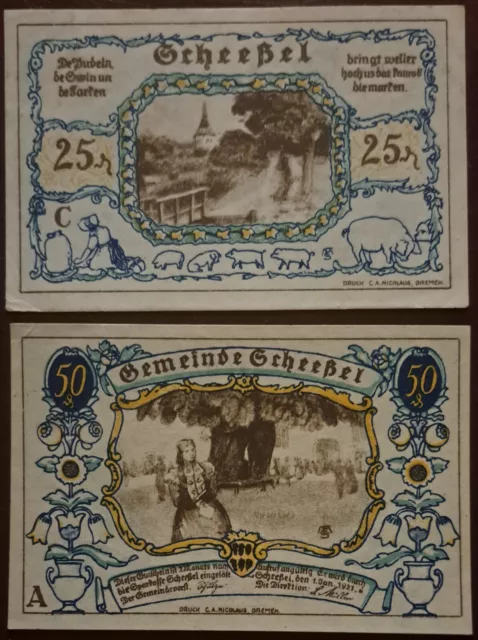 25 und 50 Pfennig Notgeldscheine der Gemeinde Scheesel 01.01.1921