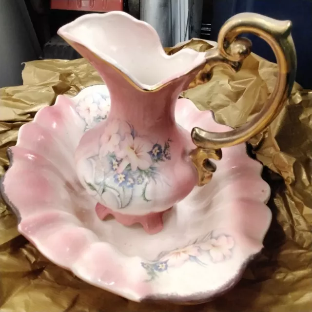 Vintage Pink Porcelain Pitcher And Wash Bowl