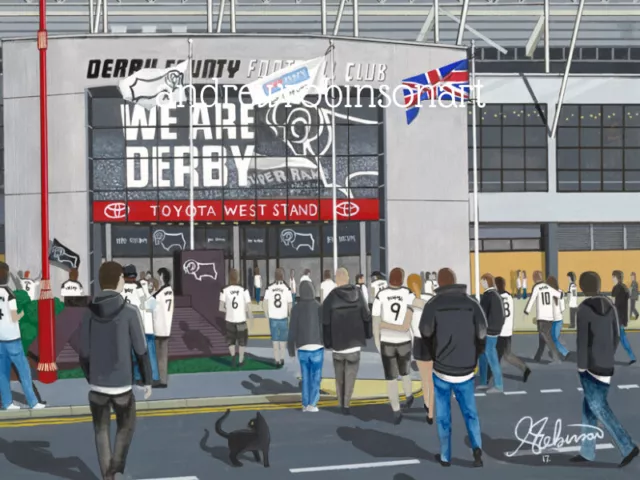 Estampado artístico enmarcado de alta calidad del estadio Derby County Pride Park. Aprox A4 2