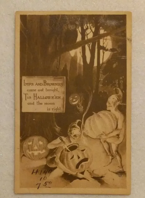 Antique Vntg Halloween Postcard, Imps & Brownies JOL Moonlight, Gibson Sepia