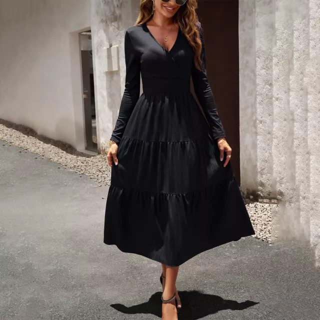 Fashion Womens Elegant V Neck Long Sleeves Slim Fit Party Maxi Dress Ball Gown 2