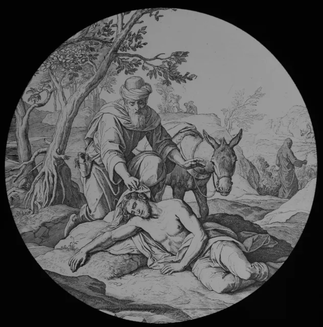 ANTIQUE Magic Lantern Slide PARABLE OF THE COMPASSIONATE SAMARITAN C1890 DRAWING