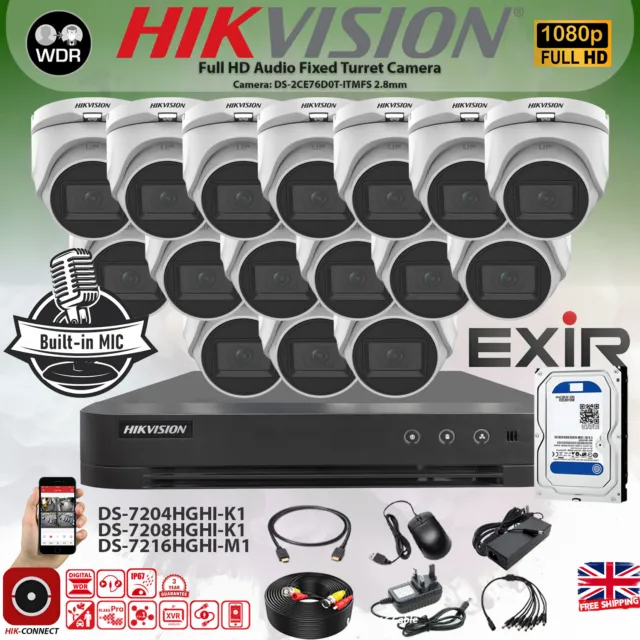 Full Hd 1080P Hikvision Cctv Smart Ir Wdr Outdoor Audio Camera System Dvr Kit Uk